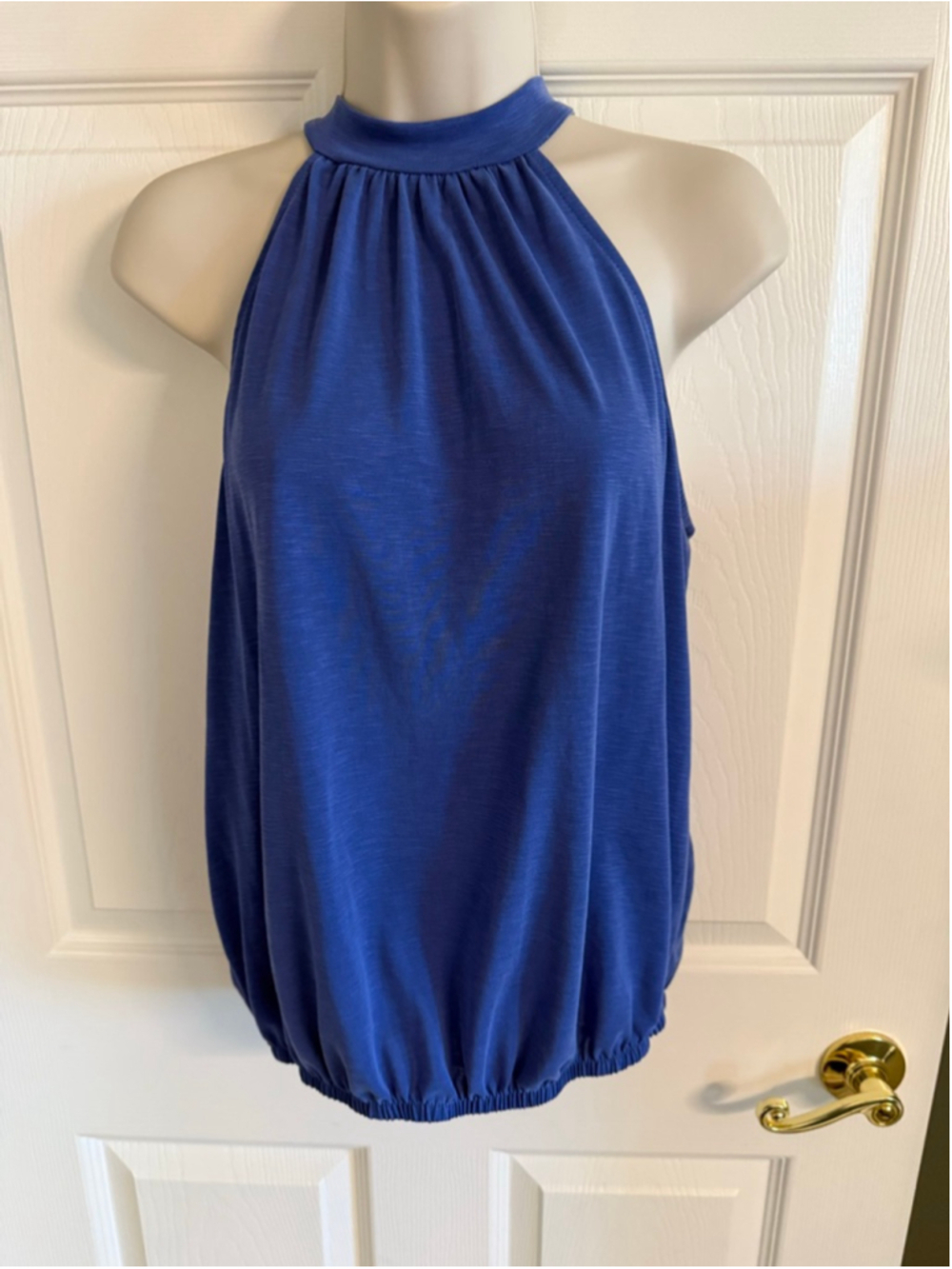 Green Envelope Periwinkle sleeveless blouse M elastic waist tie neck